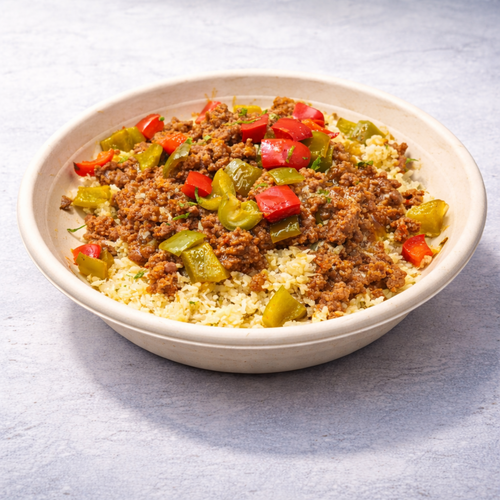 Healthy beef and pepper cauliflower bowl